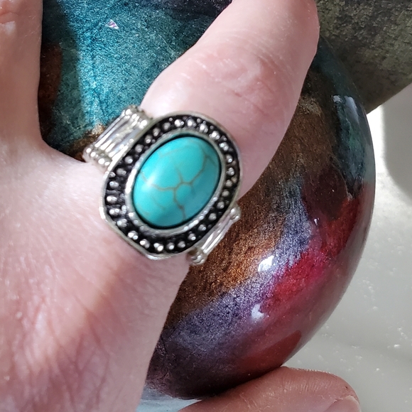 Turquoise Stone Silver Tone Stretch Ring 💥3 for $24💥 - Picture 11 of 12
